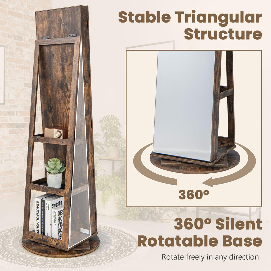 360° Rotating Mirror Jewelry Armoire, Freestanding Jewelry Organizer w/ 3-Color Lights, Full-length Mirror w/Jewelry