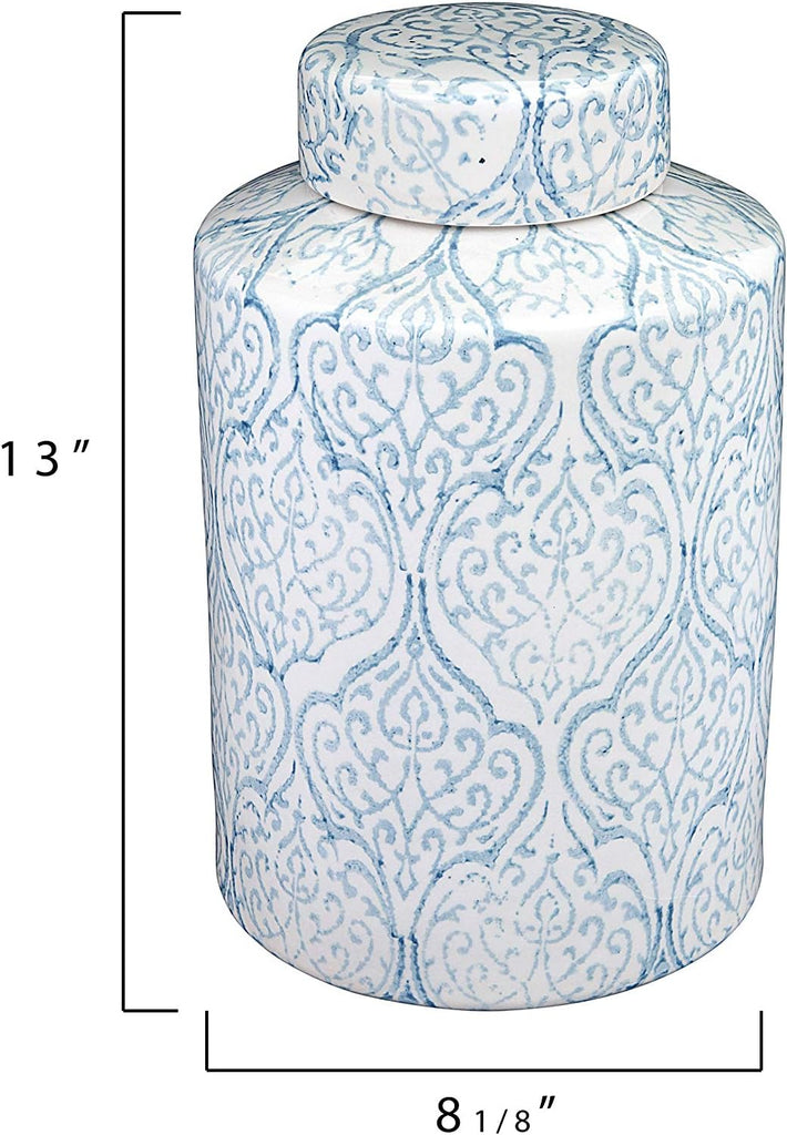Tall Decorative Ceramic Ginger Jar with Lid, Blue and White Floral Pattern