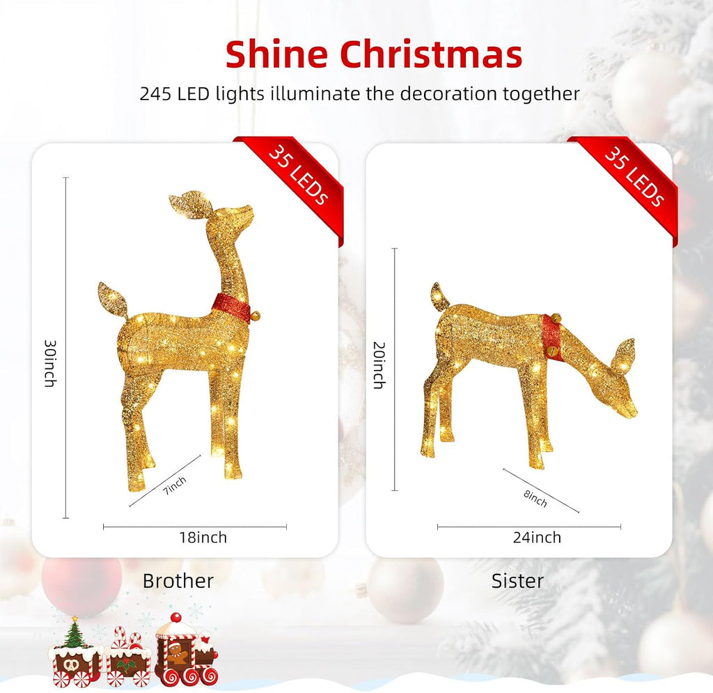 Christmas Decorations Outdoor Reindeer Family - 4-Piece 3D Lighted Deer Set with 245 LED Lights, Yard Christmas Decor