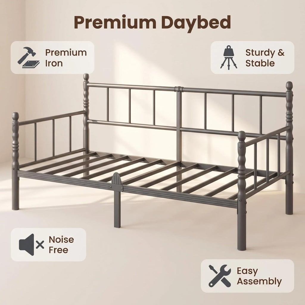 12 Inch Twin Metal Daybed Frame with Minimalist Modern Headboard