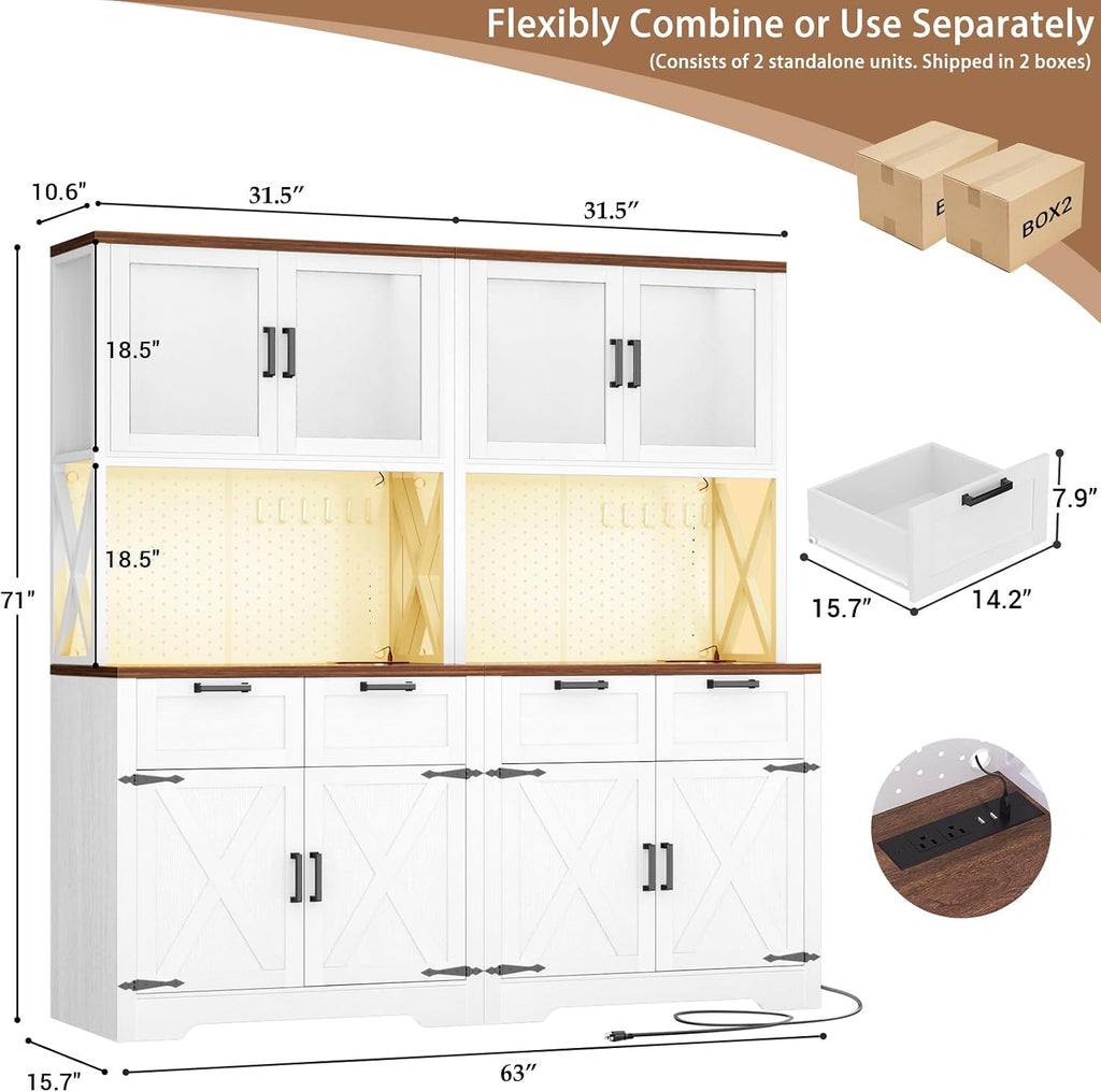 71" Kitchen Pantry Cabinet with LED Light & Outlet, Microwave Stand | White & Rustic, 63" Wide, DIY Pegboard Panel