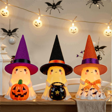 Halloween Decorations Indoor, Cute Spooky Ceramic Ghost Halloween Decorations,Ghost Figurines with Hats - Set of 3