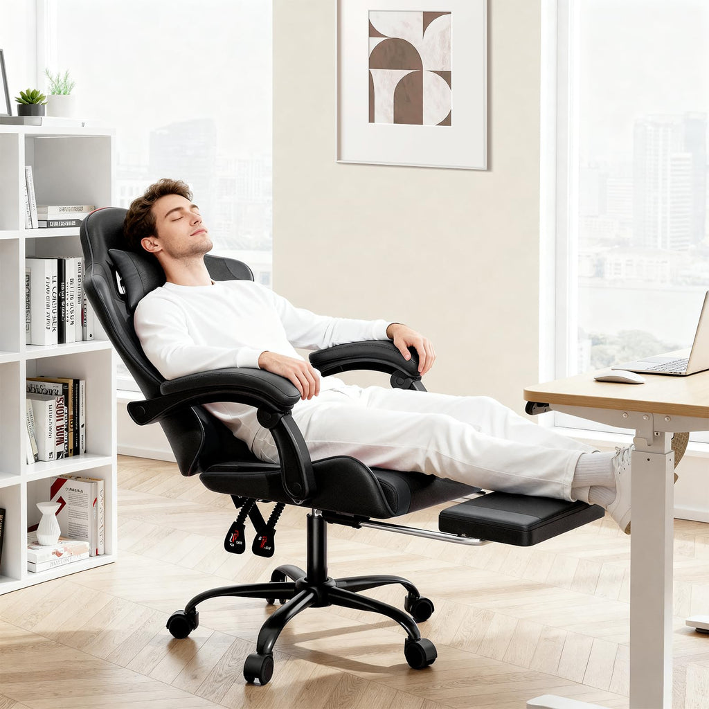 Gaming Chair, Footrest & Lumbar Support, Height Adjust, Black