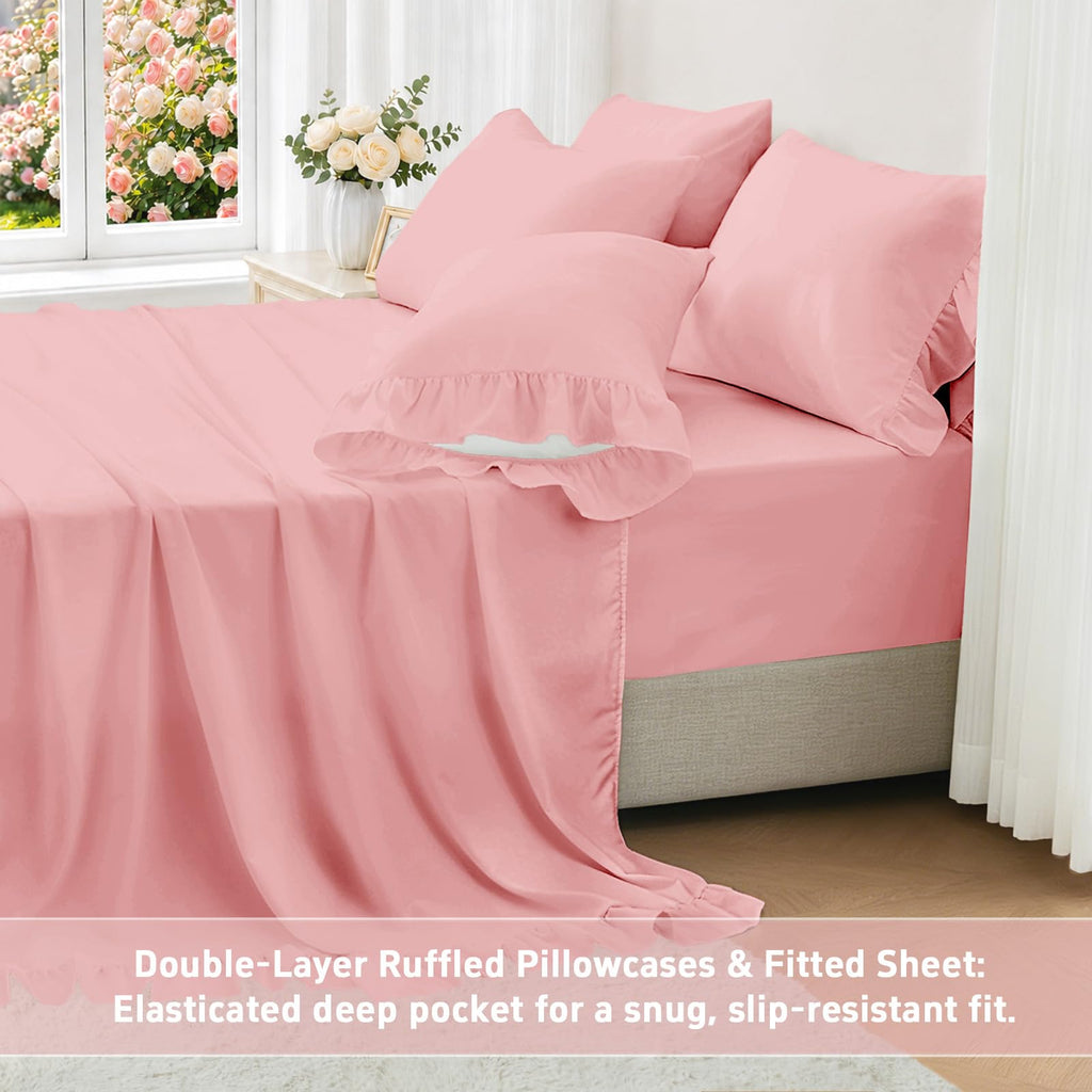 Sheet Set 4 Pieces - Pink Sheets with 4-Inch Ruffles Bed Skirt