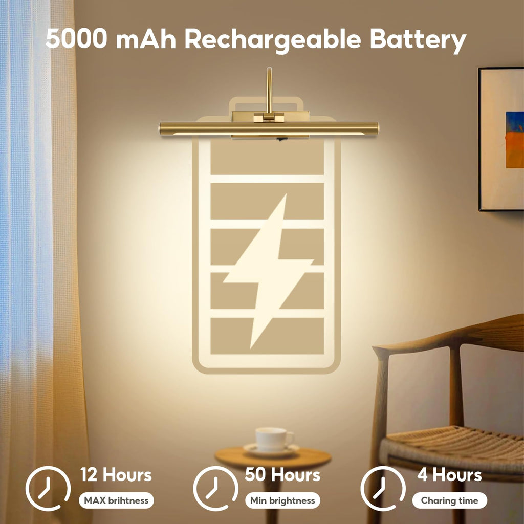 12"Picture Light for Wall Battery Operated Art Lights for Painting Brass Wireless LED Picture Lighting 3CCT Dimmable