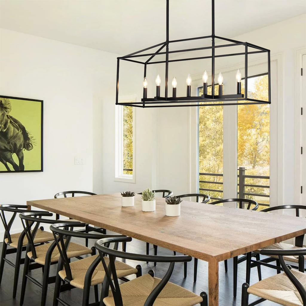 38'' Black Dining Room Light Fixture, 7-Light Rectangle Chandelier, Modern Farmhouse Island Lights, Large