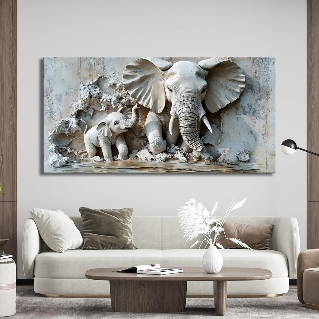 Warm Mother & Baby Elephant Texture Art Picture - Frameless Canvas Wall Art Painting, Family Room, Hallway - 40'' x