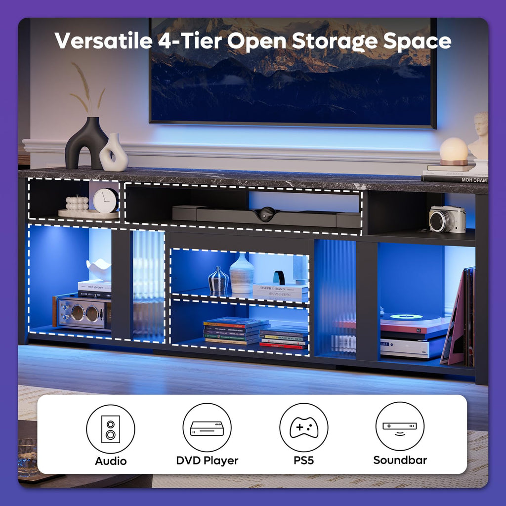 80 Inch TV Stand for 85 Inch TVs, Modern Open Entertainment Center with LED Lights & Adjustable Shelves, Media