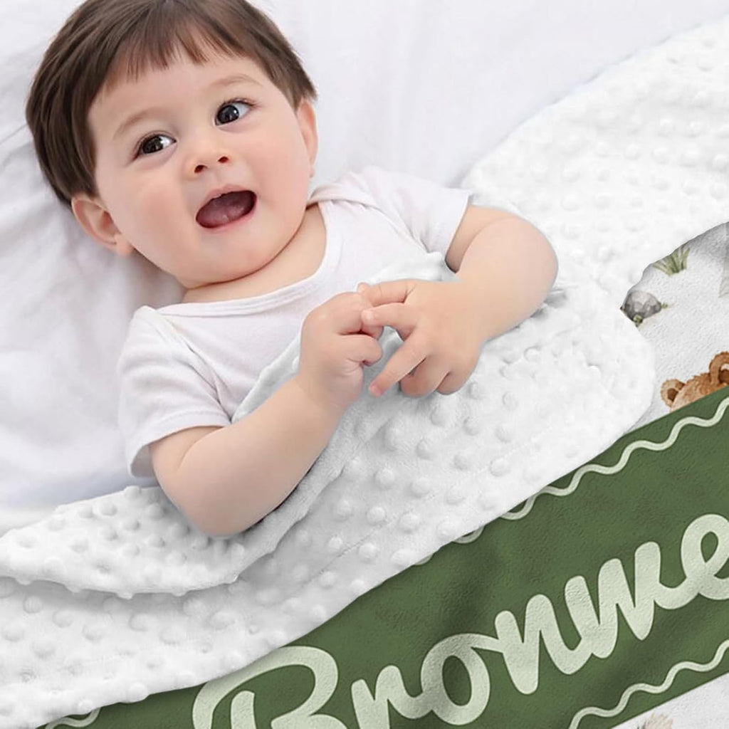 Boy Blanket with Name, Custom Minky Dot Baby Blankets with Woodland Theme, Soft Plush Crib Blanket Decor