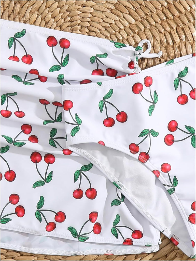 Girl's 3 Piece Swimsuit Cherry Print Cute Bikini Set with Cover Up Skirt