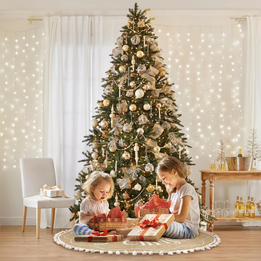 Farmhouse Christmas Tree Skirt 48 inches with White Pom Pom