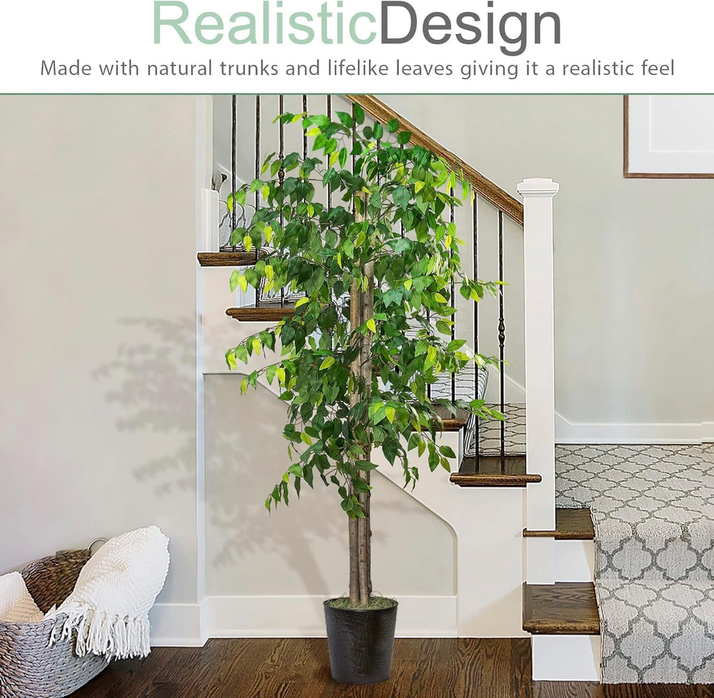 Deluxe 6ft Artificial Ficus Tree in Planter - High End Realistic Silk Tree, Real Wood -Tall Indoor Faux Floor Plant