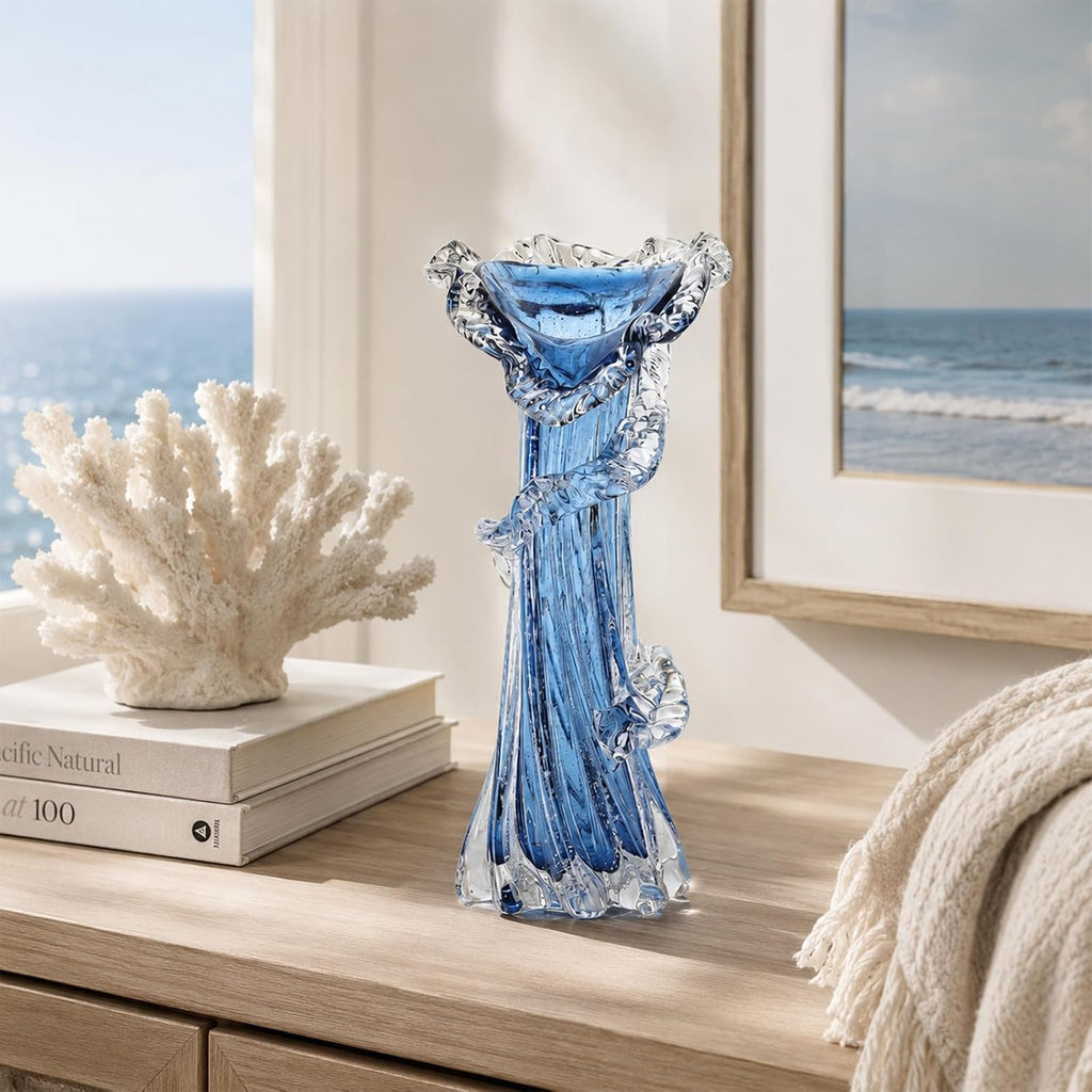 Blue Clear Wave Vases Gradient, Murano Hand Blown Glass Vase Unique Art Decorative, for Ocean Themed Coastal Home