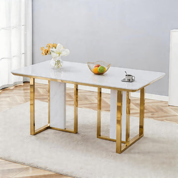 79" White Gold Marble Dining Table for 8-10