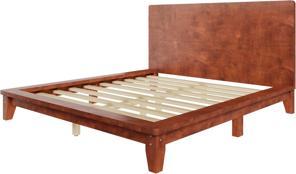 Mid-Century Full Size Wooden Bed Frames, Pine Wood Japanese Low Platform Bed with Brown Headboard, 7 inch Low Under