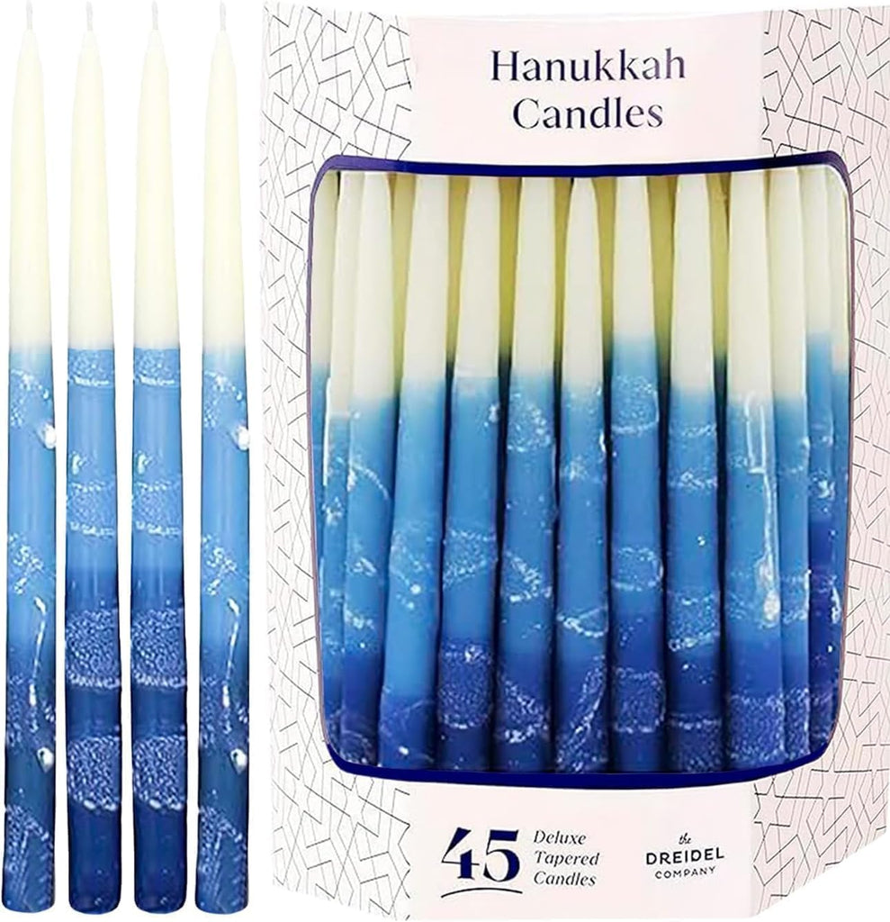 Dripless Premium Tapered Hand Decorated Multi Blue Frosted Hanukkah Candles, 45 Hanukkah Candles Premium Quality Wax - Set of 45