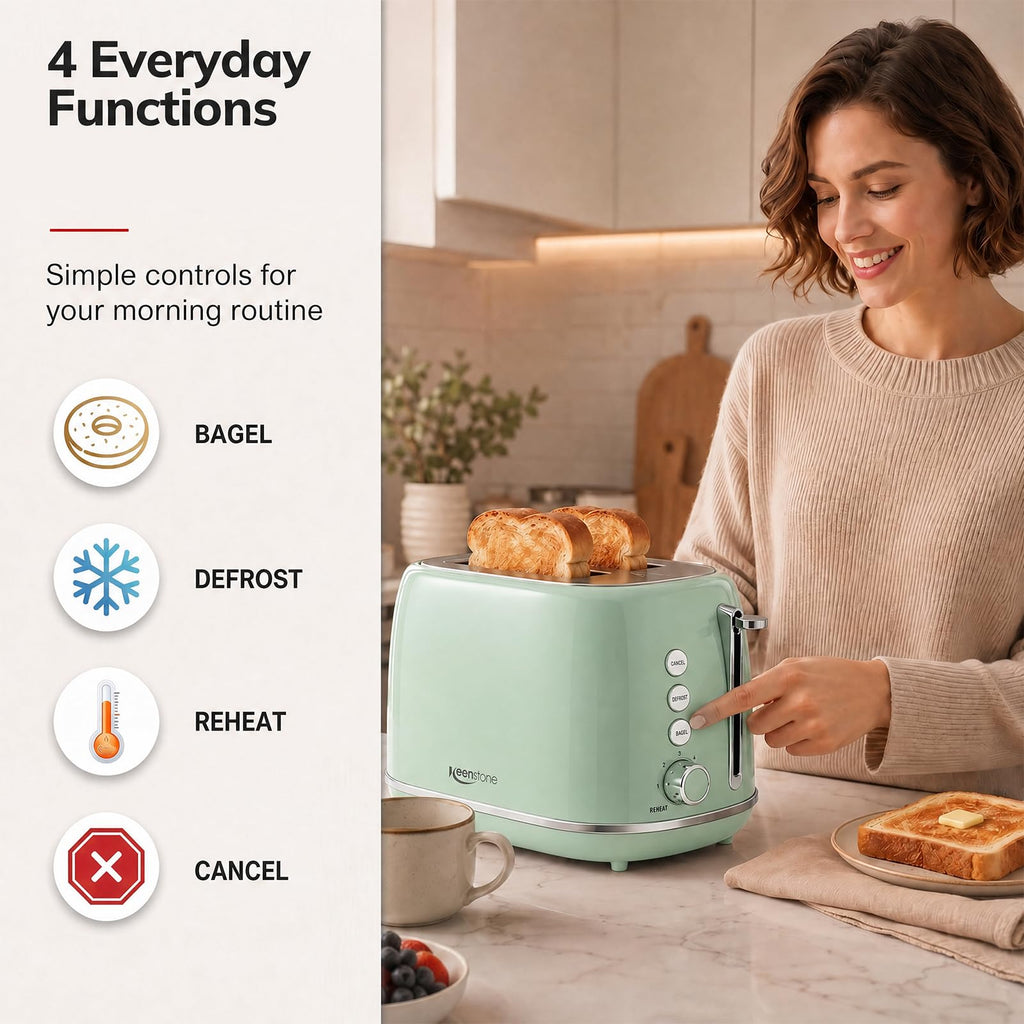 2 Slice Stainless Steel Toaster Retro with 6 Bread Shade Settings, Bagel, Cancel, Defrost Function, Extra Wide Slot