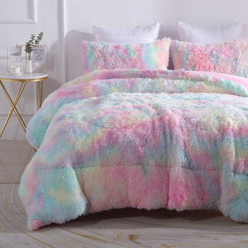 Faux Fur Plush Rainbow Comforter Set Fluffy Fuzzy Shaggy Bedding Set - 3PC Full Microfiber Soft Warm Quilt Set