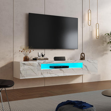 White Marble Floating TV Stand for 55 65 70 75 78 85 inch TV, Entertainment Center with LED Light and Storage Cabinet