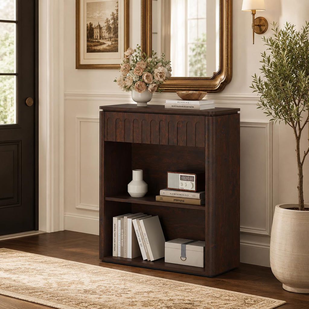 3 Tier Wood Bookshelf, Short Bookcase, Brown Cherry