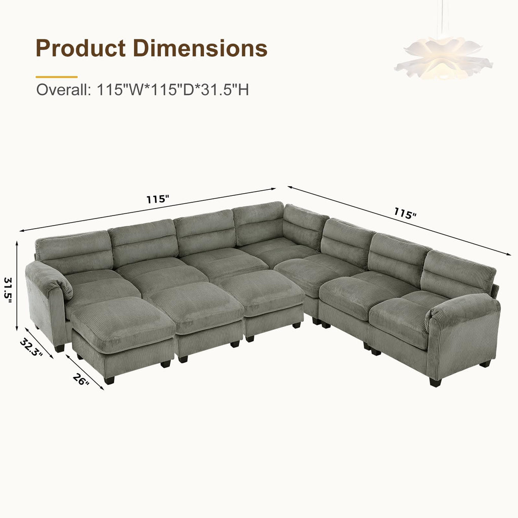 115" Modular Sectional Sofa Couch with 3 Movable Ottoman, Oversized Corduroy L Shaped Couches with Rolled Arms