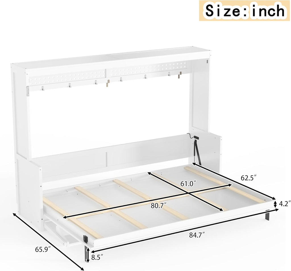 Queen Horizontal Murphy Bed with Desk, Farmhouse Wall Bed Frame with LED Lights & Charging Station, Wood Hidden