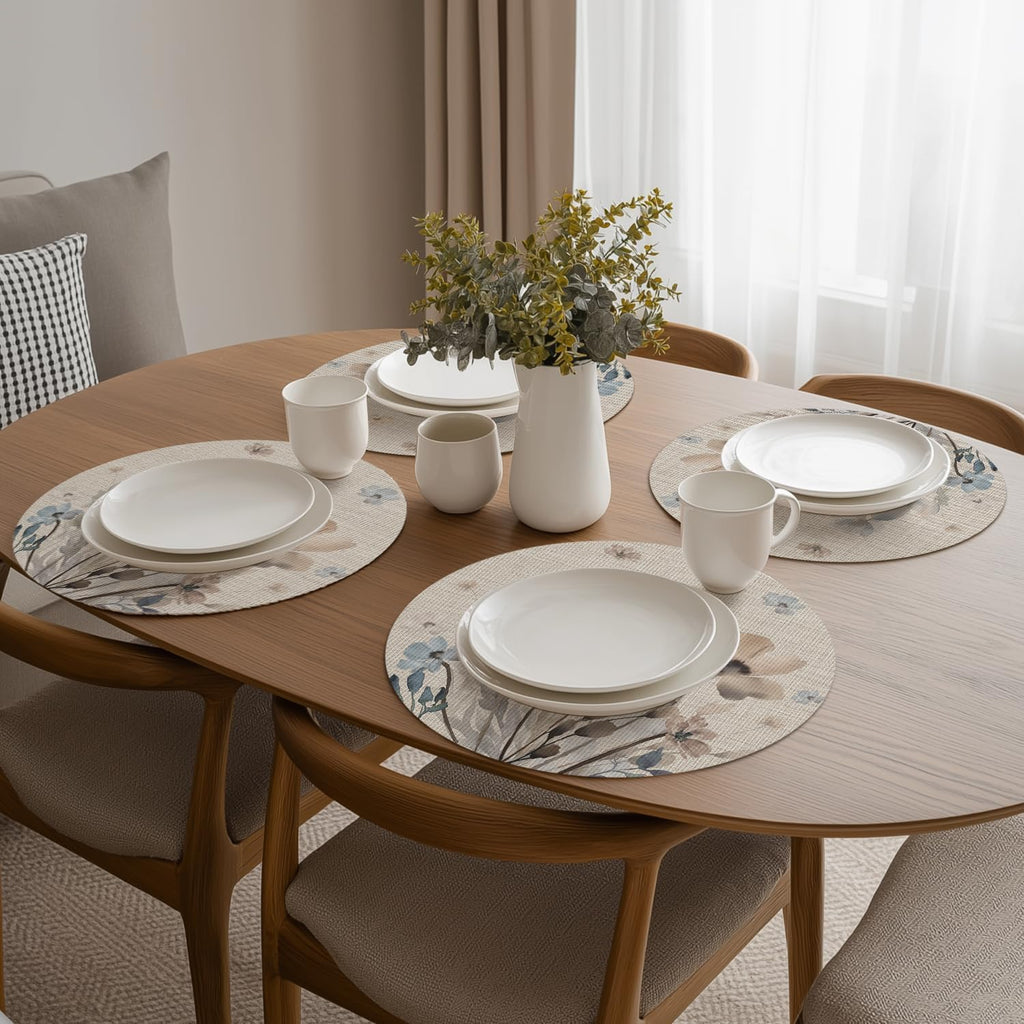 Brown Poppy Floral Round Placemats, 14 Inch Washable Non-Slip Plastic Woven Plastic PVC Place Mats - Set of 4
