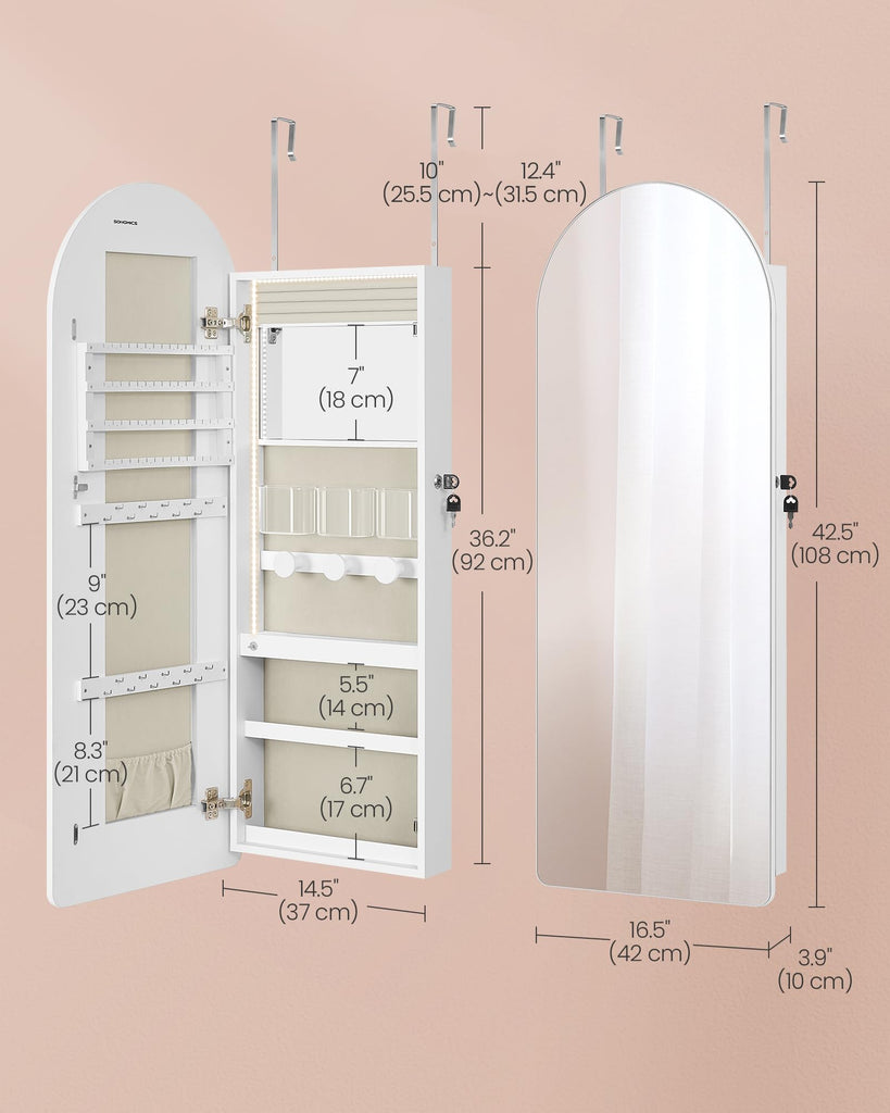 Wide Jewelry Organizer, Wall/Door Mounted, LED Cabinet, Lockable