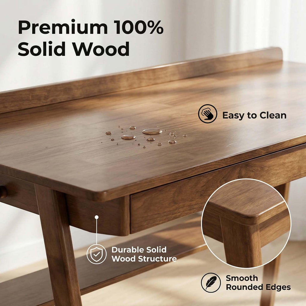 Solid Wood Writing Desk with Drawers, 47" Mid-Century Modern Walnut Desk with Storage Shelf and Side Hooks, Home