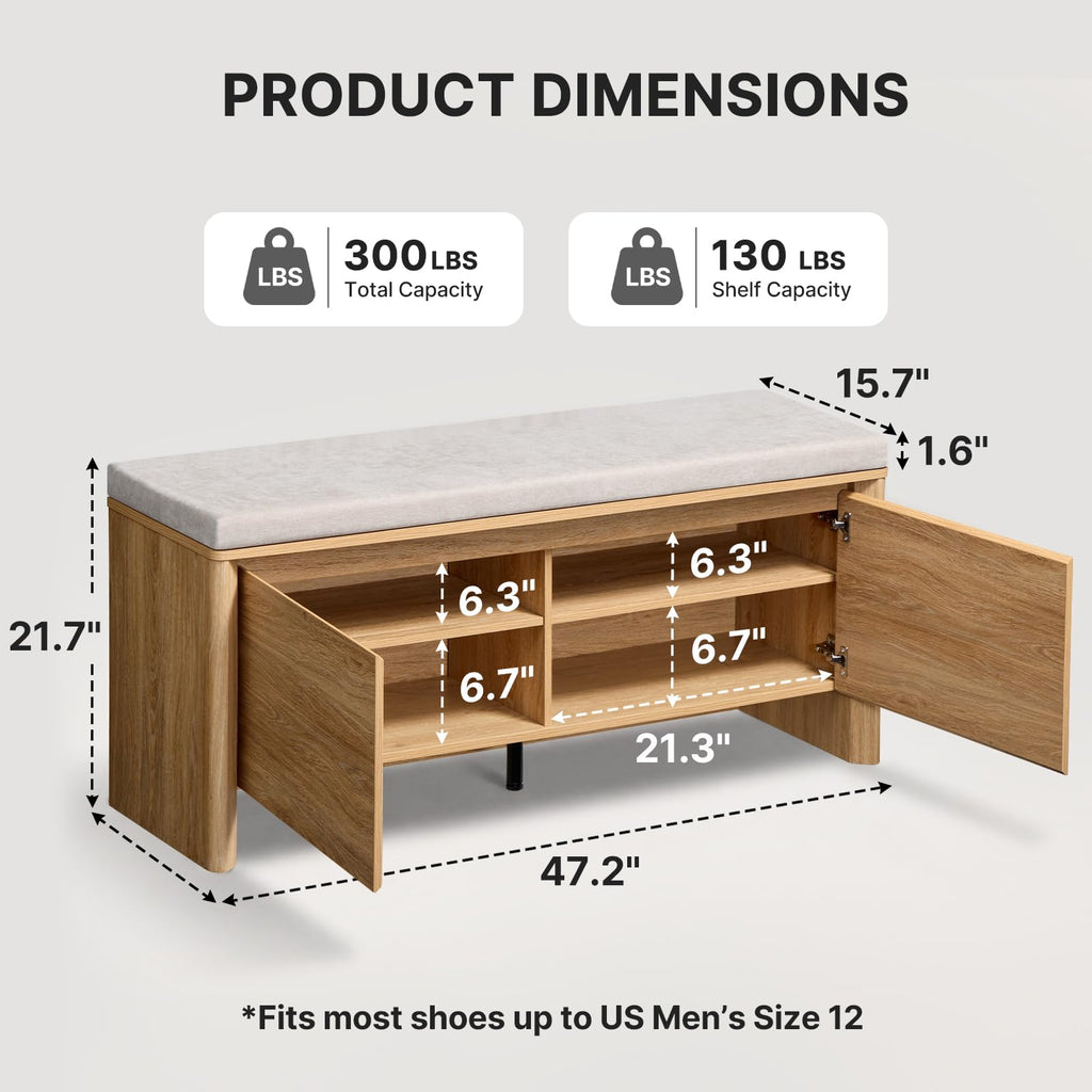 47.2" Shoe Storage Bench with Cushion, Natural Oak