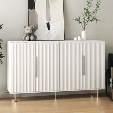 Sideboard Cabinet, 56" Large Buffet with Storage, Wood Credenza with 4 Fluted Doors and Adjustable Shelves, White