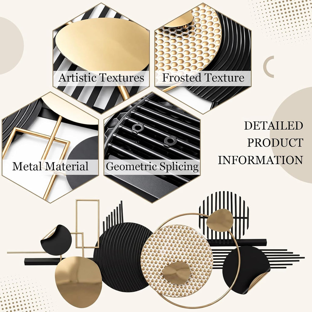 Large Black and Gold Metal Wall Art Decor, Abstract Geometric Metal Wall 3d Decor, 59"x20" Modern Boho Gold and Black