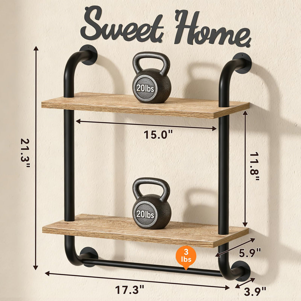Bathroom Shelves Wall Mounted, Rustic Farmhouse Pipe Shelves, 2-Tier, Industrial Shelving Over Toilet, Floating Shelf