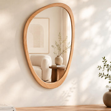 Irregular Wall Mirror, 30"x19" Solid Wood Frame Asymmetrical Mirrors for Mid Century Modern Decor, Tempered Glass