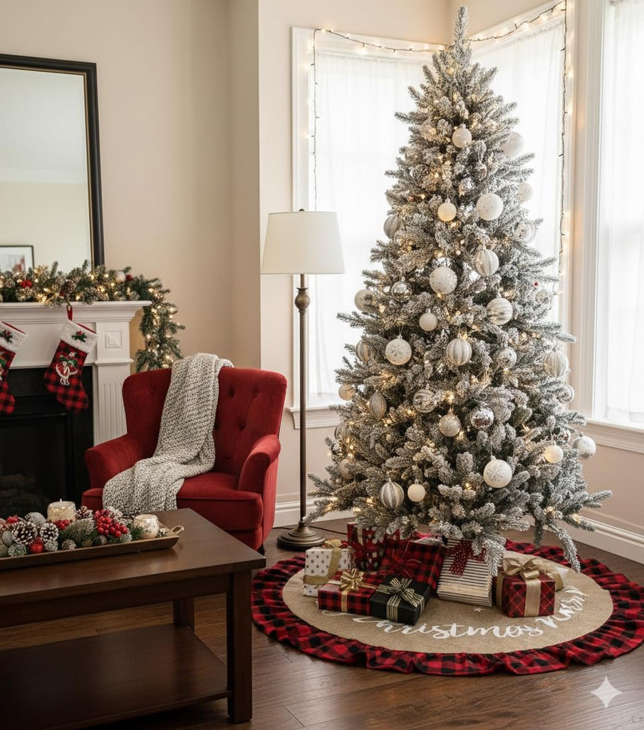 48 Inch Christmas Tree Skirt Linen Burlap Buffalo Plaid Edge Decoration for Merry Christmas Party Red and Black
