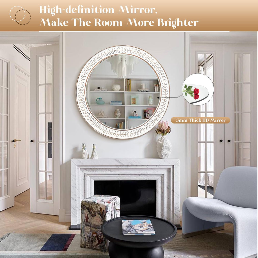 26 inch Round Mirrors for Wall Wood Circle Mirror with Carved Frame Rustic Accent Distressed Decorative Bedroom
