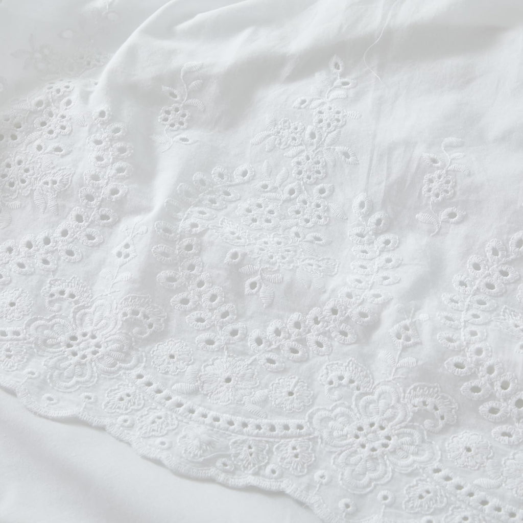 White Eyelet Bed Skirt Queen Size 100% Cotton Ruffled Dust Ruffle Bed Skirt 18 Inch Drop with Embroidered Floral