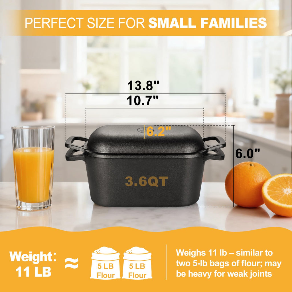 3.6 QT Cast Iron Loaf Bread Pan with Lid, Oval Dutch Oven for Bread Baking