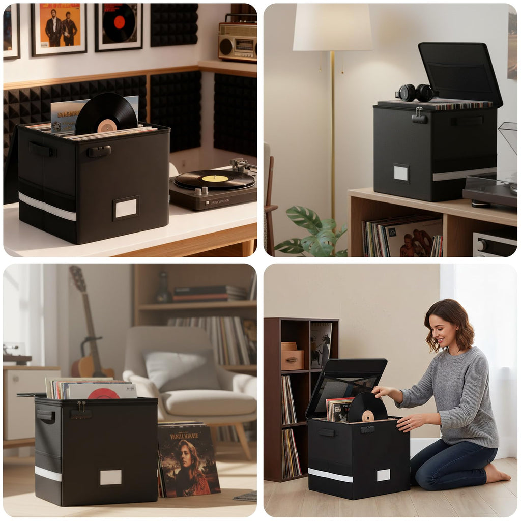 Vinyl Record Storage Box with Lock, 2-Pack Fireproof & Waterproof