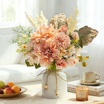 Fake Flowers with Vase Silk Dahlia Artificial Flowers in Vase Faux Hydrangea Flowers Arrangements with Vase