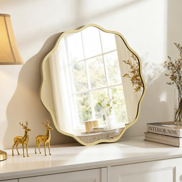 24" Wavy Round Wall Mirror, Gold Scalloped Circle Mirror Edge Round with Metal Frame, Modern Decorative