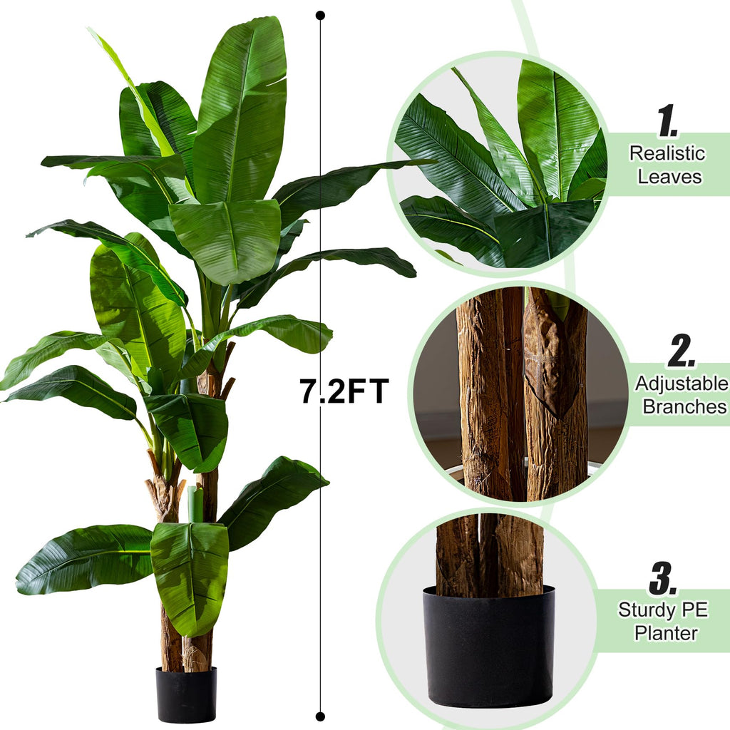 Artificial Banana Tree 7.2ft, Faux Tropical Palm Tree Plant with Realistic Leaves, Low Maintenance Indoor Outdoor