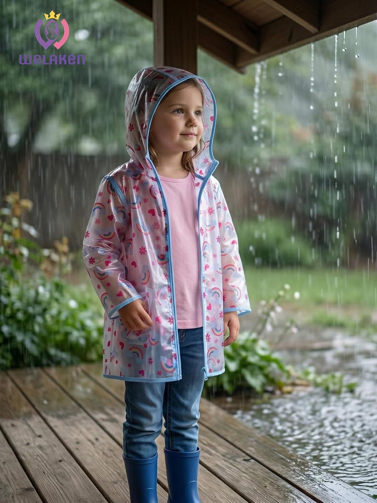Girls Hooded Printed Rain Jacket Lightweight Water Resistant Raincoat with Zipper