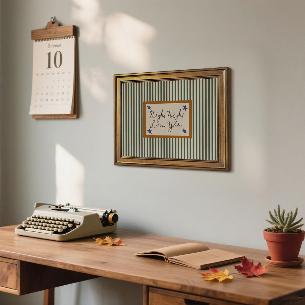 Vintage Gold Frame Night Night Love You Wall Art Mid Century Modern Striped Poster Retro Rustic Farmhouse Bedtime