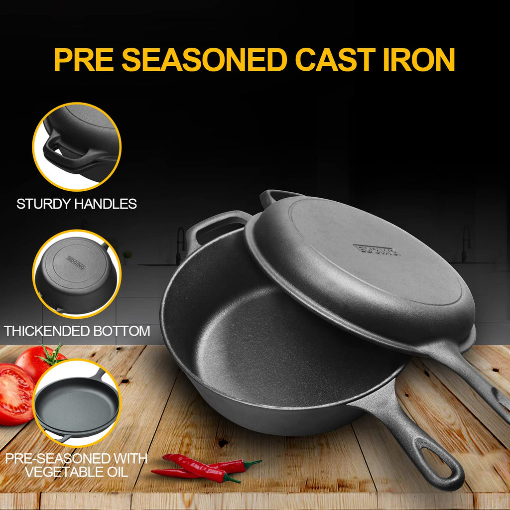 2-in-1 Pre-Seasoned Cast Iron Dutch Oven Pot with Skillet Lid Set, 10" Skillet 3QT Pot for Cooking, Baking, Frying