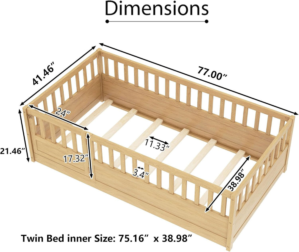 Montessori Floor Bed with High Fence, Slats and Door, Natural