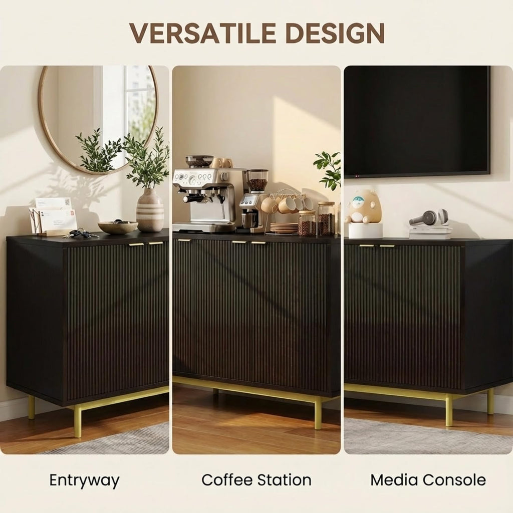 58 Inch Black TV Stand for 65 Inch TV, Modern Fluted Media Console Table with 4 Doors, Large Entertainment Center