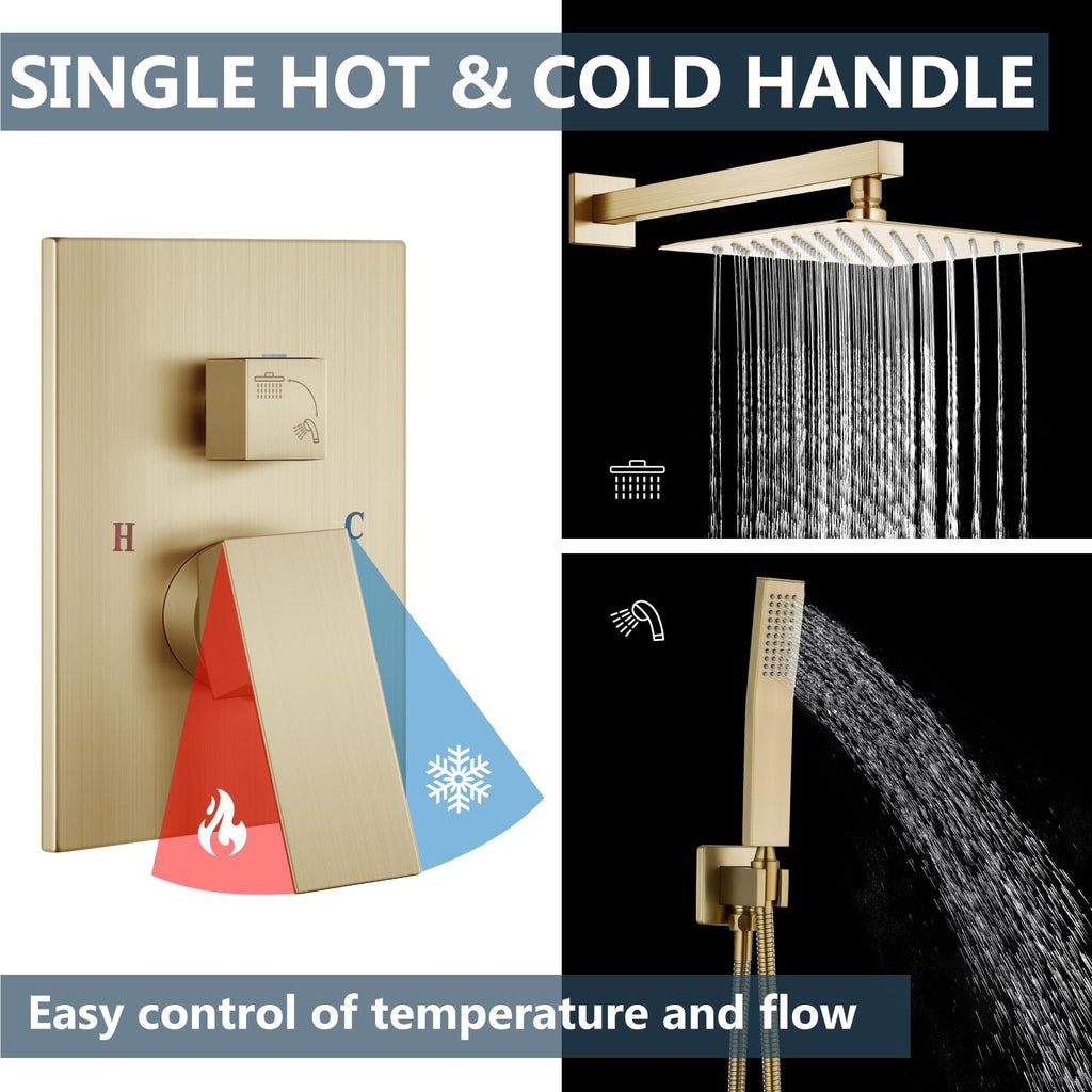 Shower Faucet Set with Handheld Brushed Gold 10 Inch Head