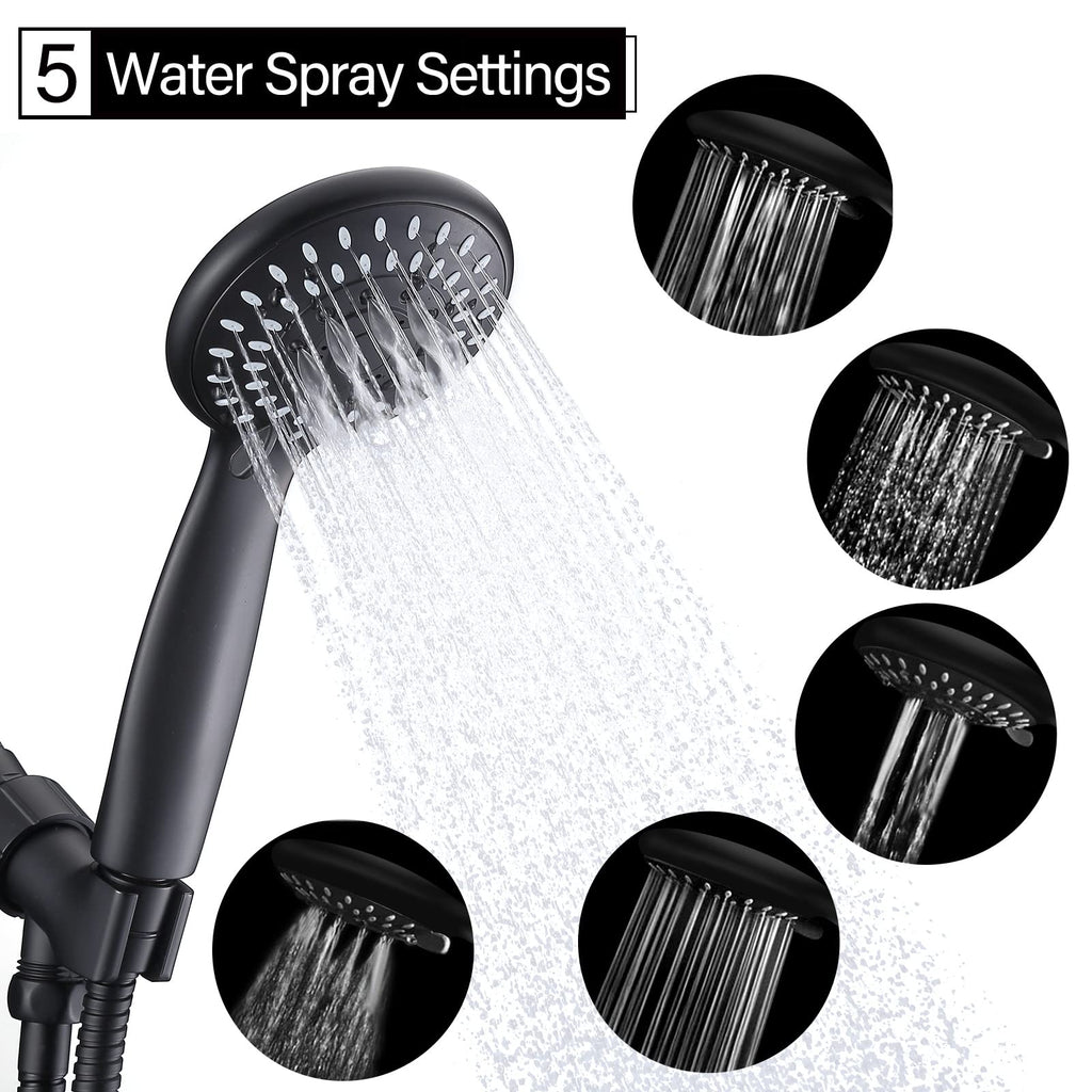 Handheld Shower Head High Pressure 5-Settings with Hose, Matte Black