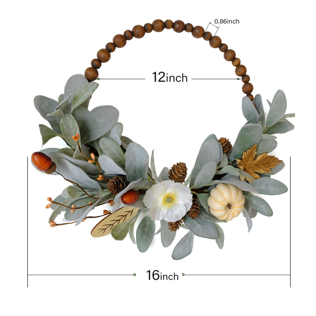 16" Fall Wood Bead Rabbit Ear Leaf Front Door Wreath, Artificial Pumpkin Wood Slice Fall Wreath Fall Harvest